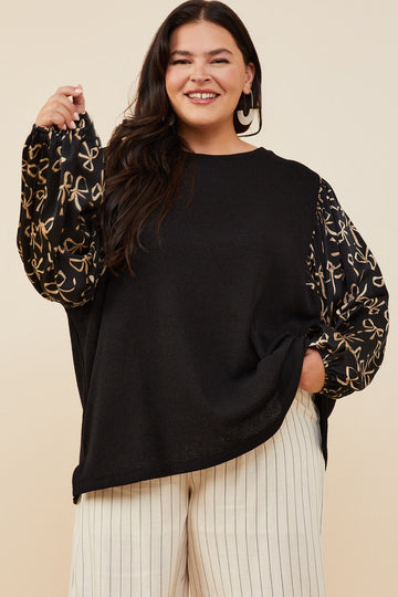 HY8935W Black Plus Bow Print Contrast Puff Sleeve Mix Media Top Front